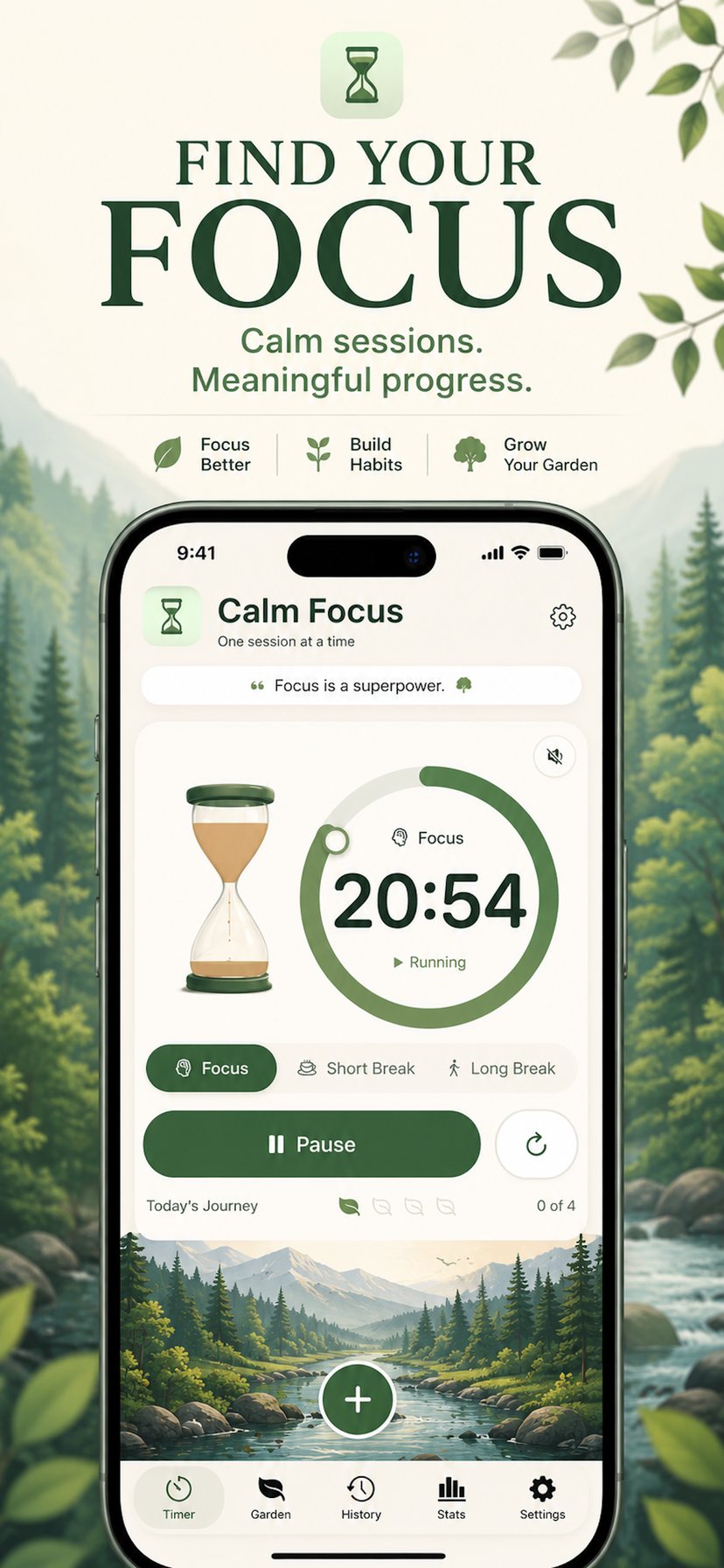 Calm Focus on iPhone: a focus session running at 20:54, with an hourglass, a progress ring, mode switcher, and an illustrated forest landscape below.