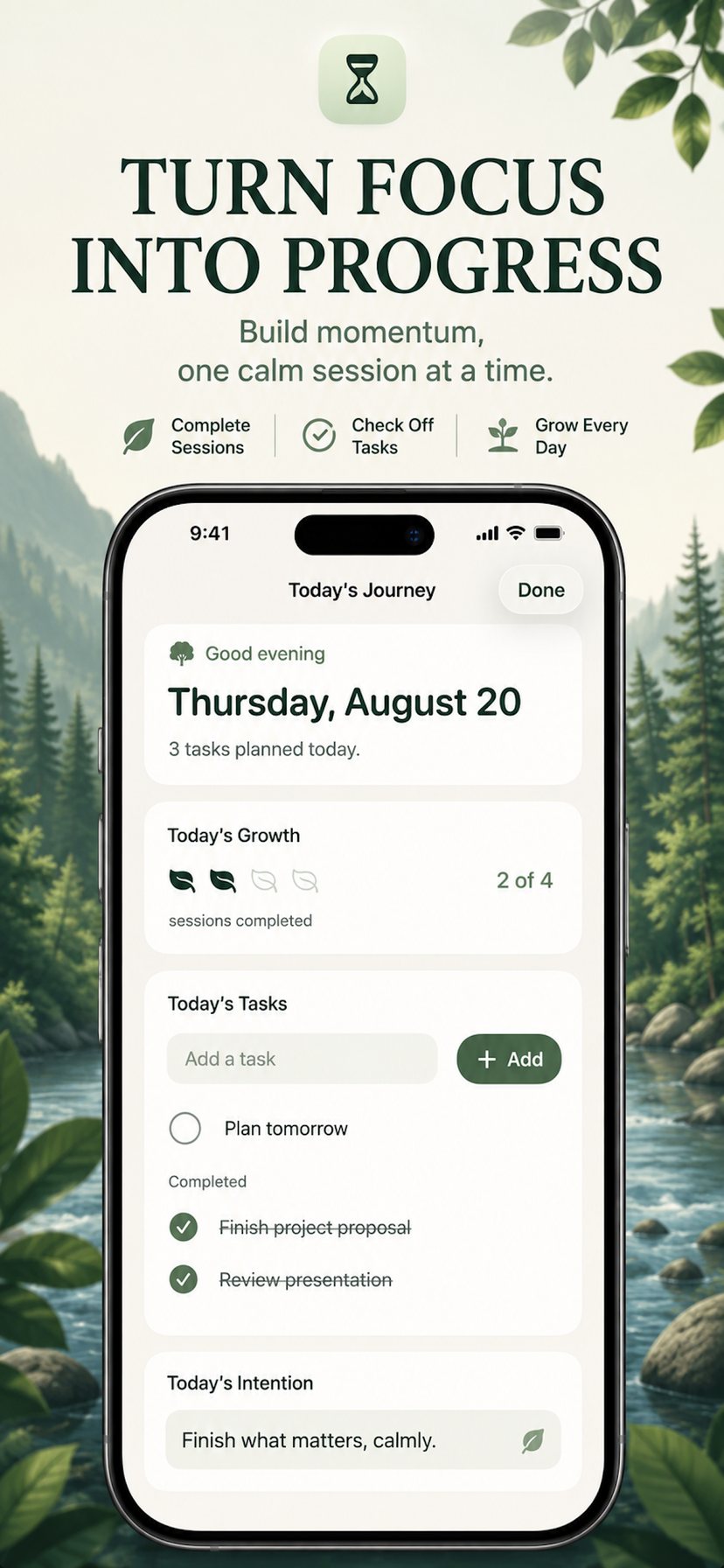The Today screen showing a greeting, Today's Growth progress, a task list, and Today's Intention.